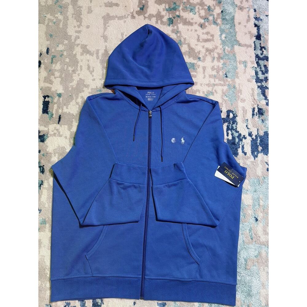 Polo Ralph Lauren Blue Cotton Full Zip Hooded Hoodie Men's XXL Logo Pockets